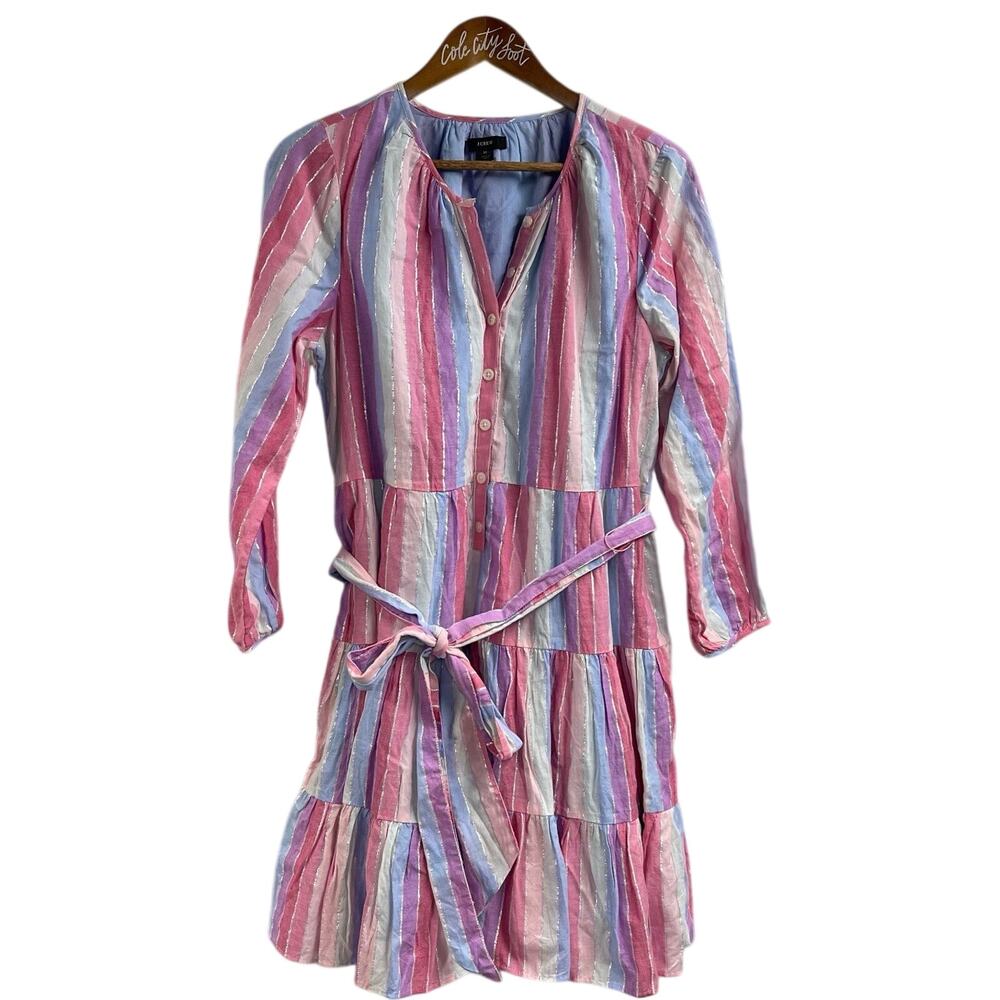 J Crew Pastel Striped Dress M Metallic Weave Belted Long Sleeve AP188